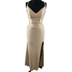 La Femme Gold 6 Bridesmaid Dress V-Neck Cross Back Strap Side Leg Cut Back Zip